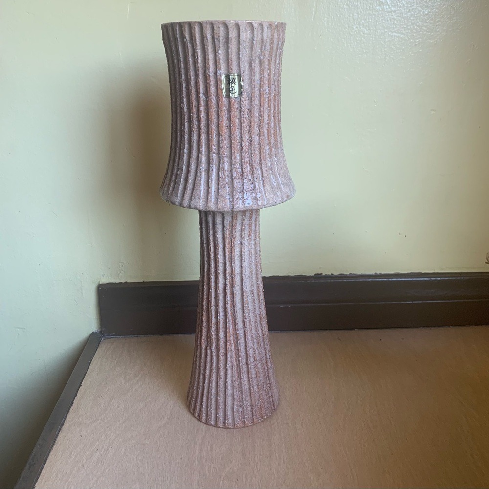 Brutalist Japanese Studio Pottery Vase Beige  Ribbed Ceramic VTG Ikebana SIGNED